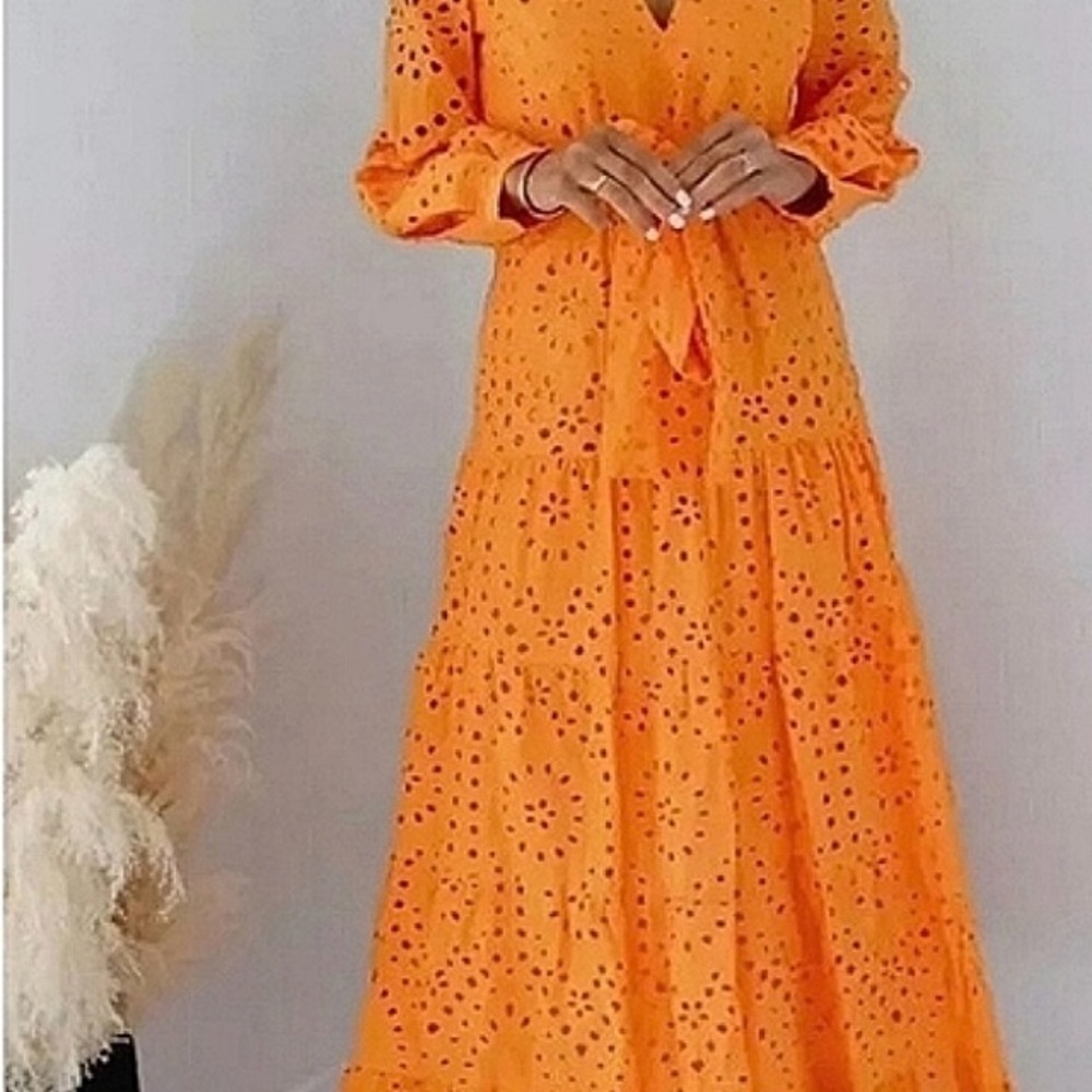 Zara Orange Tiered Halter Sundress with Bishop Sleeves